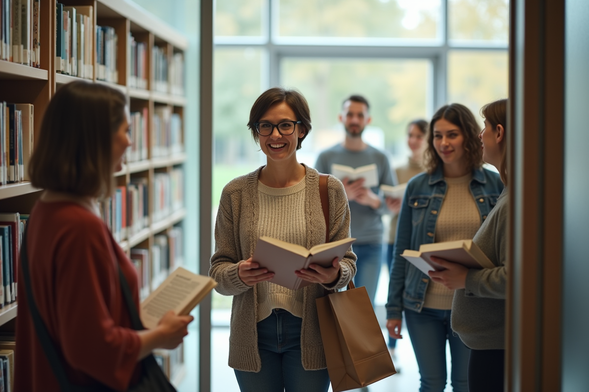 Femme accueillante dans une bibliothèque moderne et lumineuse