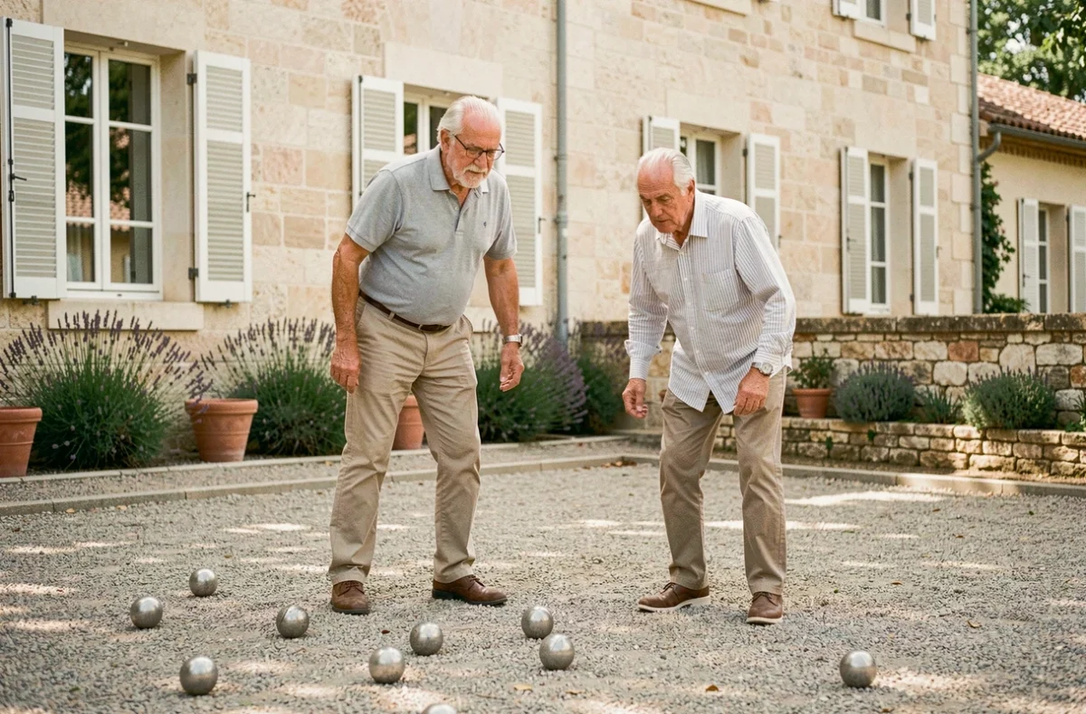 Deux résidents seniors jouant à la pétanque dans la cour d'une résidence calme près du centre de Nîmes