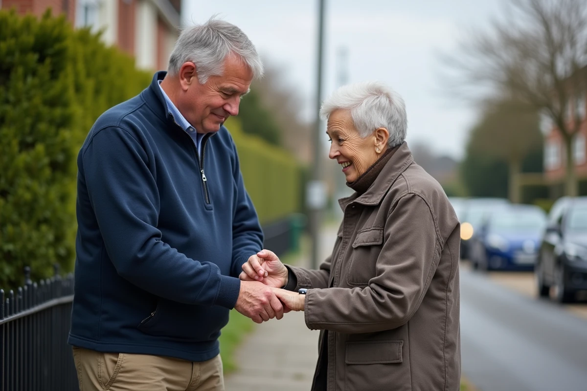 Aidant familial aidant une personne âgée à porter un bracelet GPS Alzheimer en extérieur