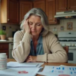 Aidante épuisée assise à la table de cuisine entourée de paperasse médicale, exprimant la fatigue du rôle d'aidant familial pour un proche atteint de démence