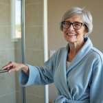 Femme âgée dans la salle de bain avec barre d'appui