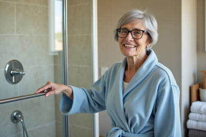 Femme âgée dans la salle de bain avec barre d'appui