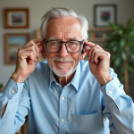 Homme âgé ajustant son aide auditive dans un salon lumineux