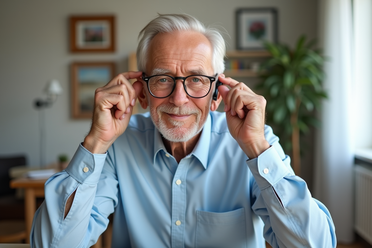 Homme âgé ajustant son aide auditive dans un salon lumineux