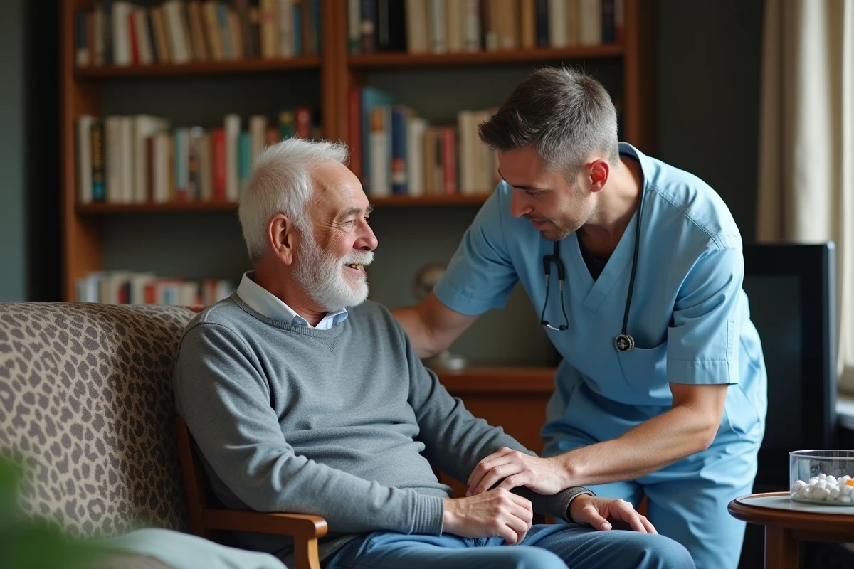 Aide à domicile professionnel assistant une personne âgée dans un appartement, représentant les services d'accompagnement bénéficiaires LOGISFIL