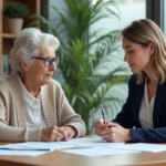 Une femme âgée et une assistante sociale examinent ensemble des documents d'aide financière pour une maison de retraite dans un bureau administratif calme