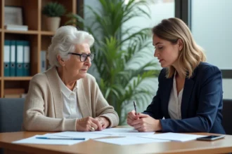 Une femme âgée et une assistante sociale examinent ensemble des documents d'aide financière pour une maison de retraite dans un bureau administratif calme