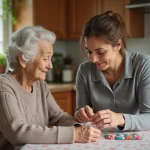 Femme aide une personne agee a organiser ses medicaments