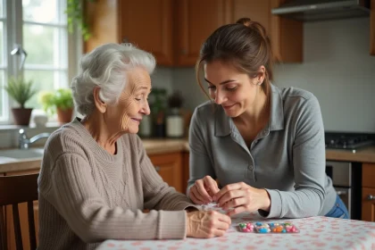 Femme aide une personne agee a organiser ses medicaments