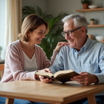 Femme aidant un homme âgé à la maison dans un salon chaleureux