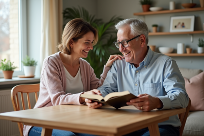 Femme aidant un homme âgé à la maison dans un salon chaleureux