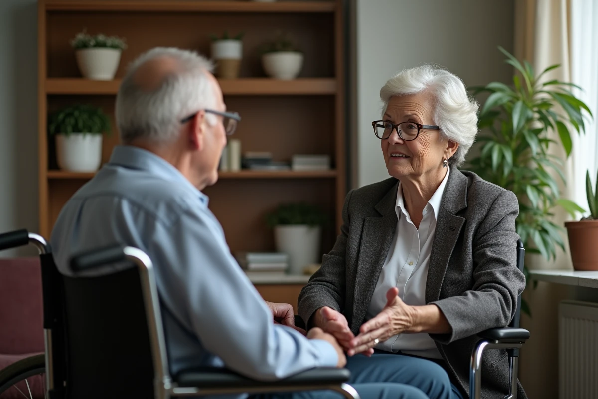 Assistante sociale visite une personne en fauteuil chez elle