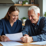 Aide-soignante aidant un senior dans une cuisine lumineuse