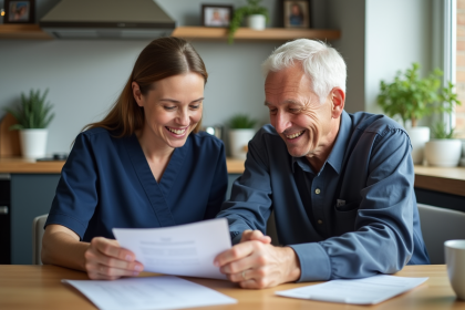 Aide-soignante aidant un senior dans une cuisine lumineuse