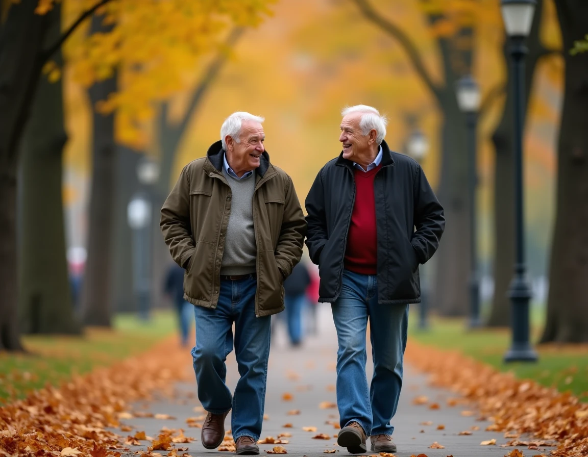 Deux hommes seniors marchant et discutant amicalement dans un parc urbain en automne, illustrant des amitiés créées grâce à internet