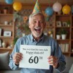 Homme de 60 ans souriant avec chapeau coloré et carte humoristique