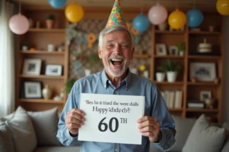 Homme de 60 ans souriant avec chapeau coloré et carte humoristique
