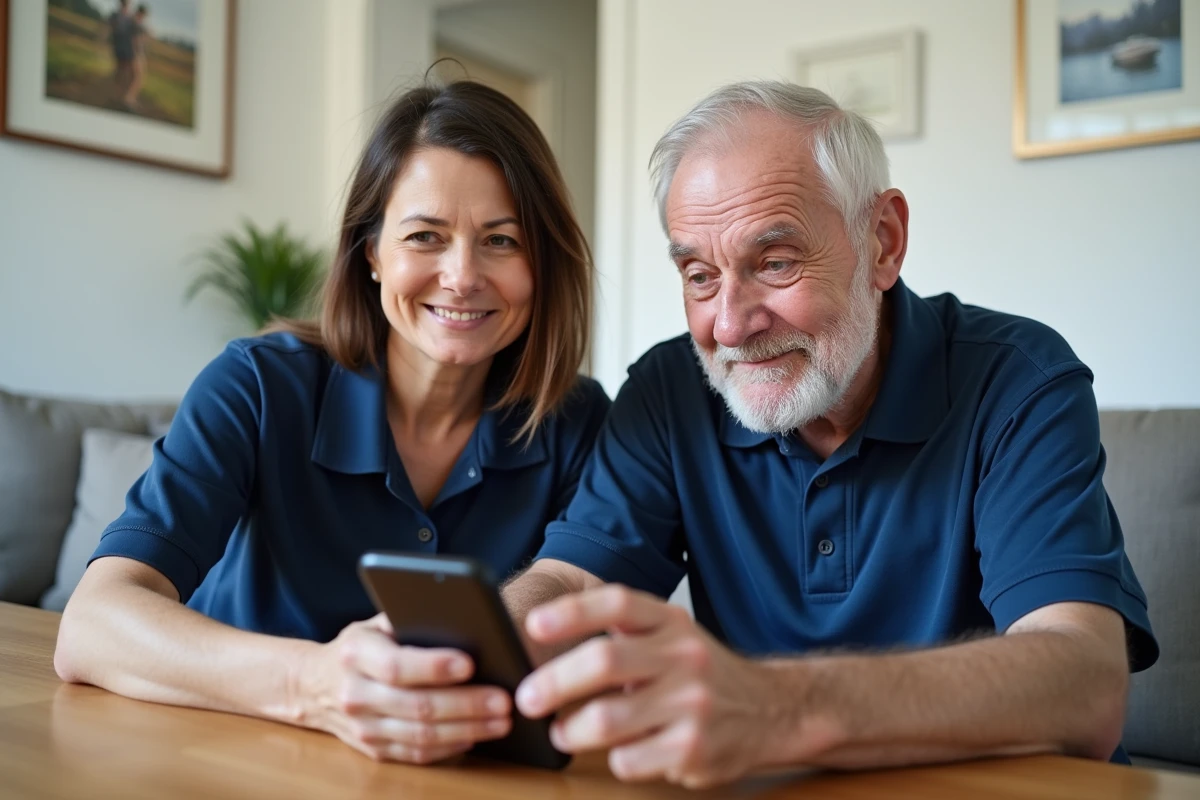 Aidant et senior consultant une application de traceur GPS avec alerte de chute détectée sur smartphone
