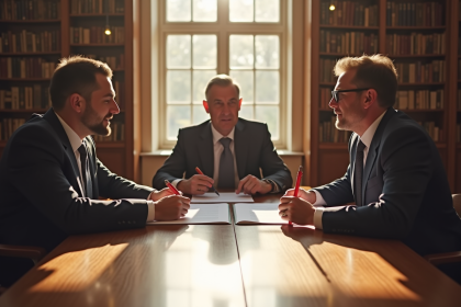 Avocat et deux adultes discutant documents d'héritage dans un bureau lumineux