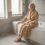 Senior femme en robe de bain assise sur le rebord d'une baignoire PMR avec barre d'appui et faible enjambement dans une salle de bain adaptée