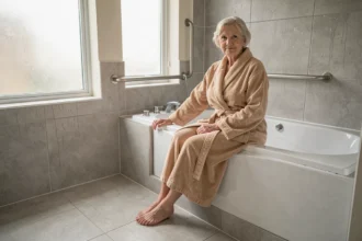 Senior femme en robe de bain assise sur le rebord d'une baignoire PMR avec barre d'appui et faible enjambement dans une salle de bain adaptée