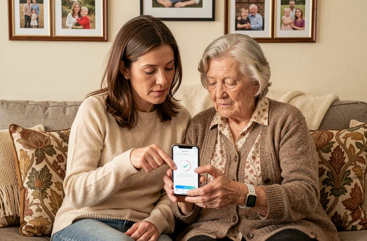 Fille aidante et sa mère âgée consultant ensemble une application de détection de chute liée au bracelet connecté