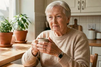 Femme âgée portant un bracelet anti-chute discret dans sa cuisine, autonome et sereine à domicile