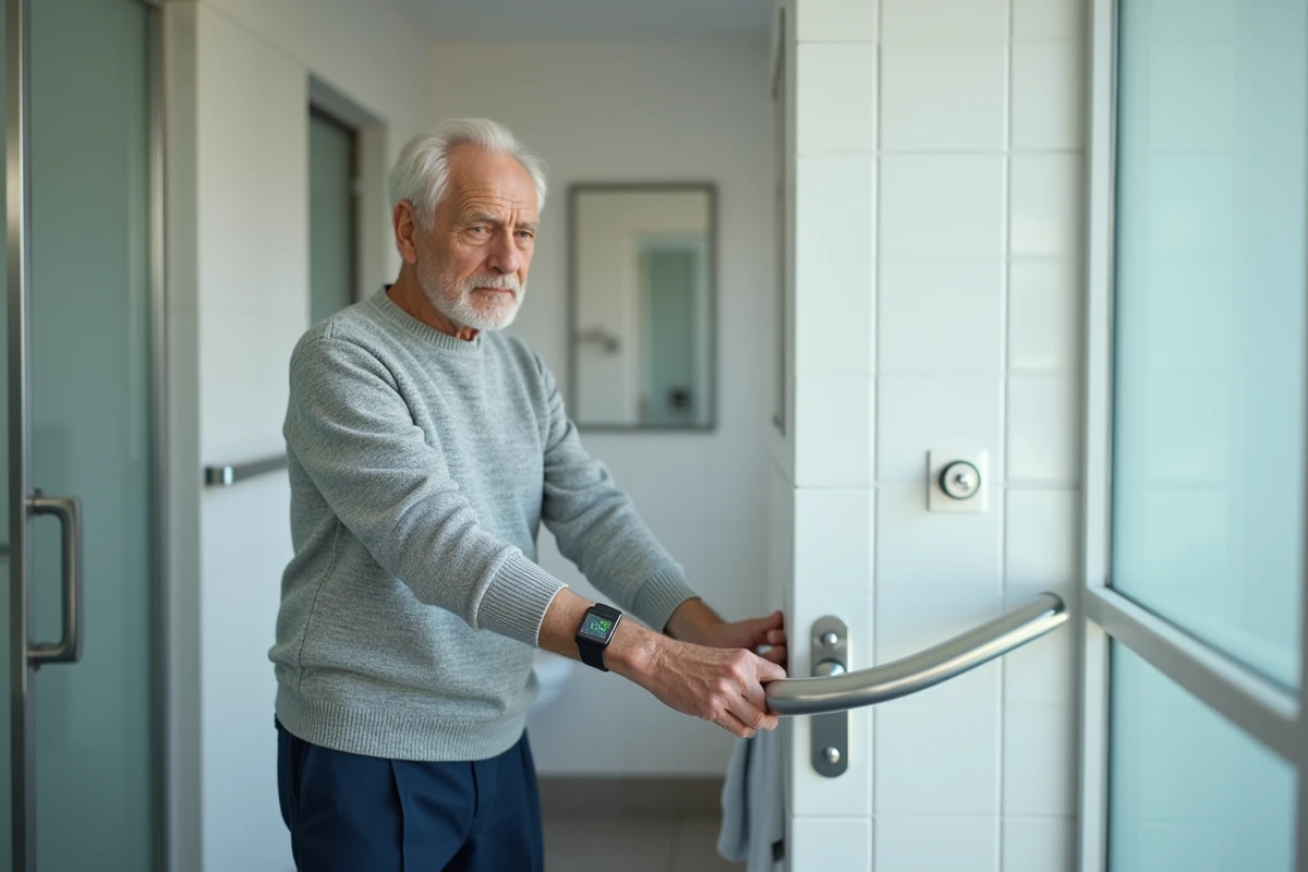 Homme âgé avec un bracelet anti-chute sans abonnement près de la salle de bain, tenant une rampe de sécurité
