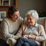 Senior portant un bracelet anti-chute sans abonnement au poignet, assise dans son salon avec sa fille aidante à ses côtés