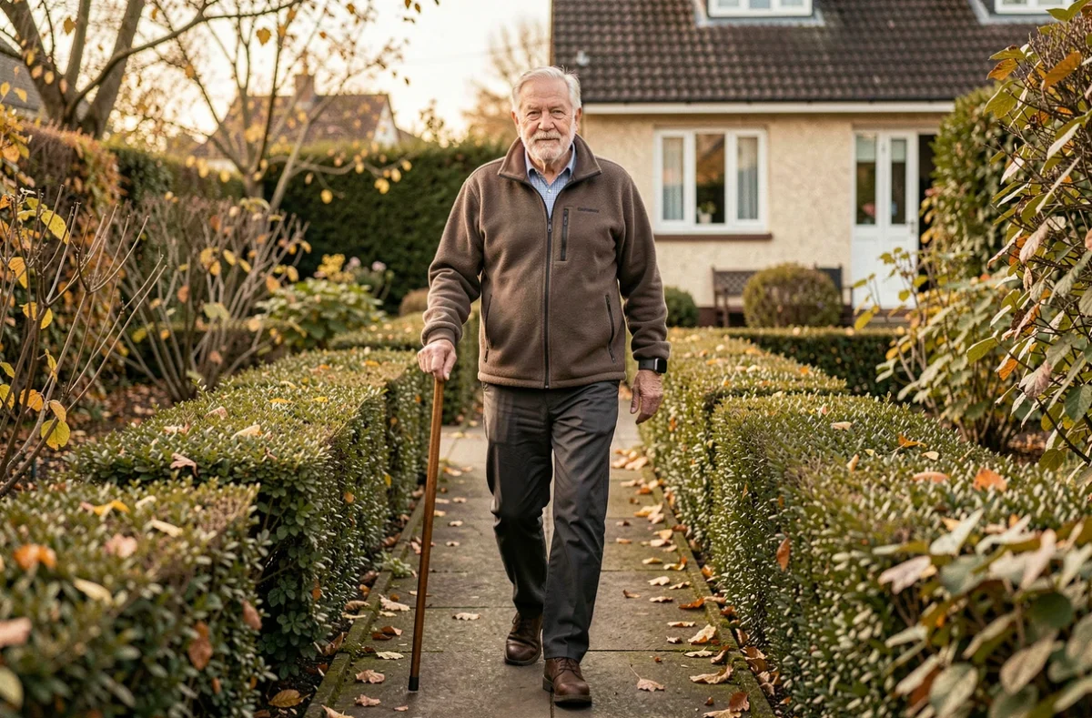 Senior homme portant un bracelet anti-chute connecté lors d'une promenade dans le jardin de sa maison