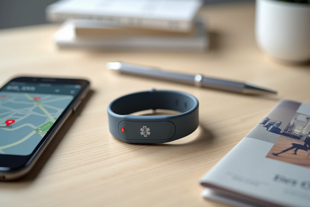 Bracelet GPS Alzheimer posé sur un bureau avec un smartphone affichant une application de localisation