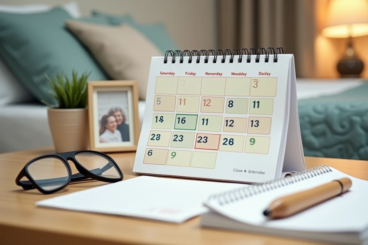 Gros plan d'un calendrier adapté aux personnes malvoyantes avec grands chiffres, pictogrammes et code couleur