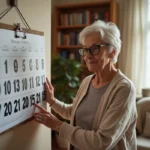 Femme âgée malvoyante consultant un grand calendrier mural à gros caractères contrastés dans un salon chaleureux