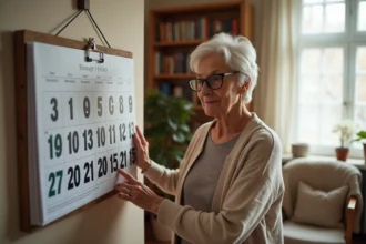 Femme âgée malvoyante consultant un grand calendrier mural à gros caractères contrastés dans un salon chaleureux