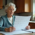 Femme âgée consultant un calendrier grand format à la table de sa cuisine, aide douce pour personnes atteintes de démence débutante