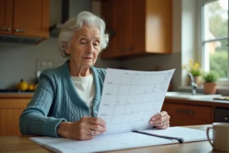Femme âgée consultant un calendrier grand format à la table de sa cuisine, aide douce pour personnes atteintes de démence débutante