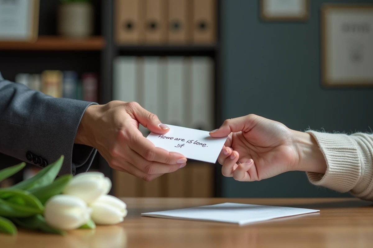 Gros plan sur deux mains échangeant une carte manuscrite lors d'un départ à la retraite, avec un bouquet de tulipes blanches sur un bureau en bois