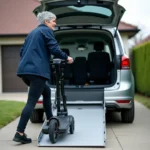 Femme âgée chargeant un scooter électrique PMR dans le coffre d'un monospace via une rampe pliante en aluminium