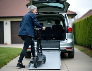 Femme âgée chargeant un scooter électrique PMR dans le coffre d'un monospace via une rampe pliante en aluminium