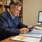 Chauffeur routier expérimenté préparant son dossier CFA carrière longue à son bureau à domicile