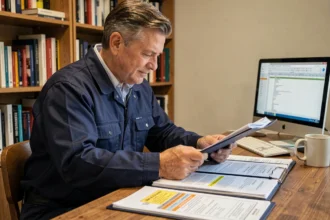 Chauffeur routier expérimenté préparant son dossier CFA carrière longue à son bureau à domicile