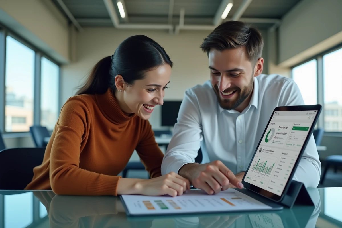 Deux collègues consultant une interface centralisée de gestion de comptes et justificatifs sur tablette en open space