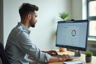 Homme configurant les premiers réglages du logiciel LogisFil fr sur un ordinateur de bureau dans un bureau moderne