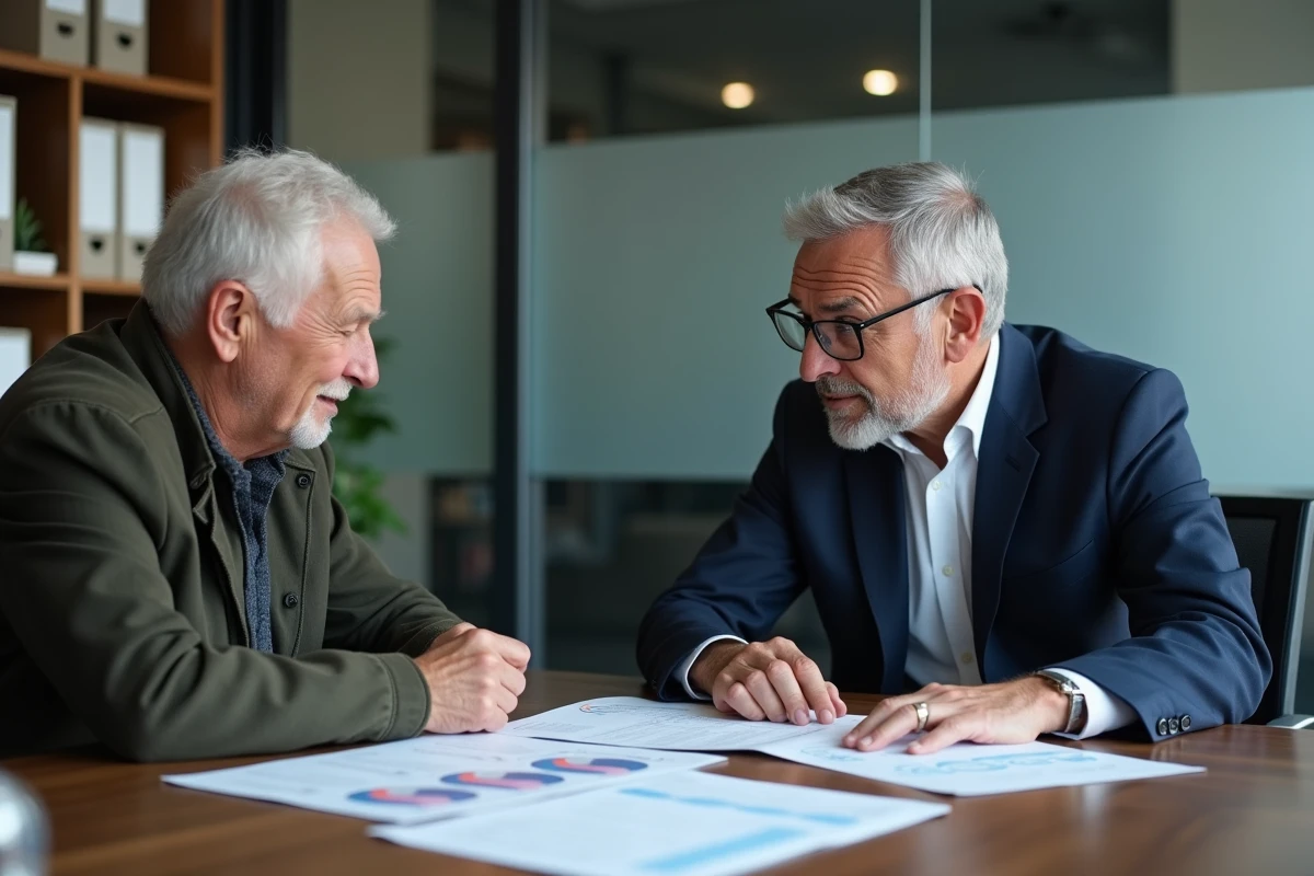 Conseiller financier expliquant la revalorisation des retraites Agirc-Arrco et régime de base à un client retraité