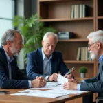 Conseiller financier présentant une SCPI de santé à un couple de retraités dans un bureau professionnel
