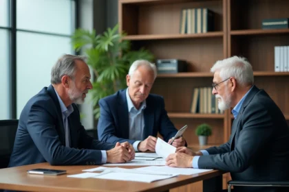 Conseiller financier présentant une SCPI de santé à un couple de retraités dans un bureau professionnel