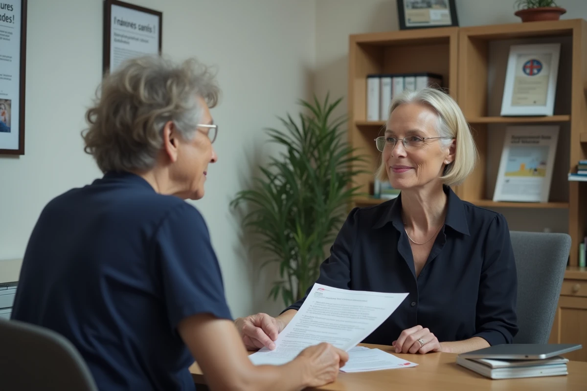Conseillère en services à domicile lors d'un entretien d'évaluation avec une personne âgée, illustrant l'accompagnement administratif LOGISFIL 2026