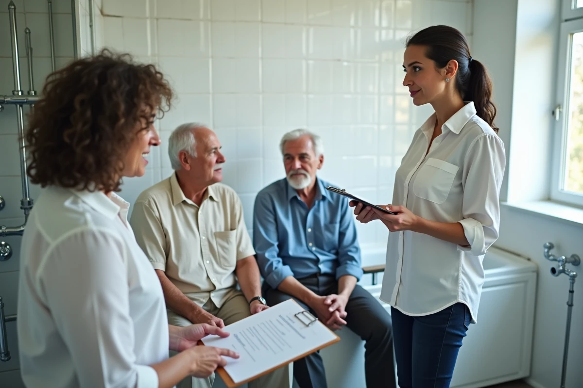 Conseillère en rénovation discutant des aides financières pour l'adaptation de salle de bain avec un couple de seniors à domicile