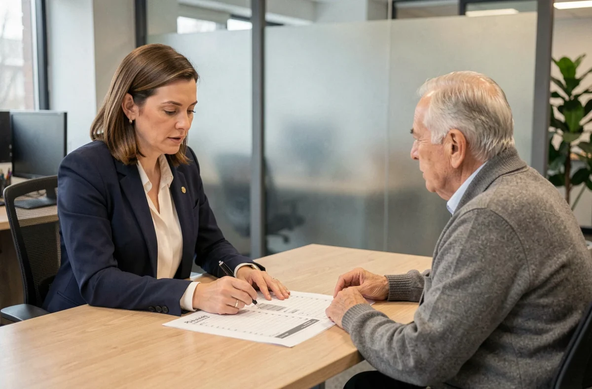 Conseillère financière expliquant les changements de pension Agirc-Arrco à un retraité en rendez-vous