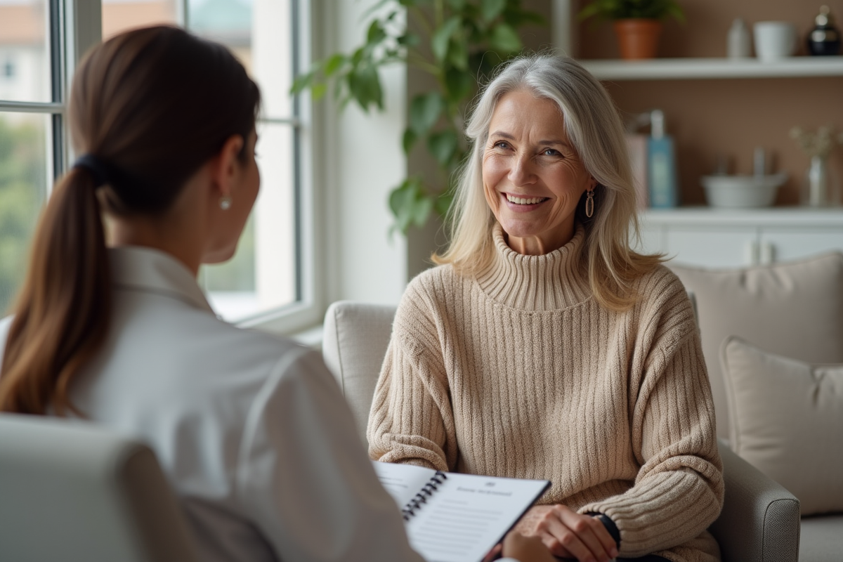 Femme discutant avec un audiologiste dans un cabinet accueillant